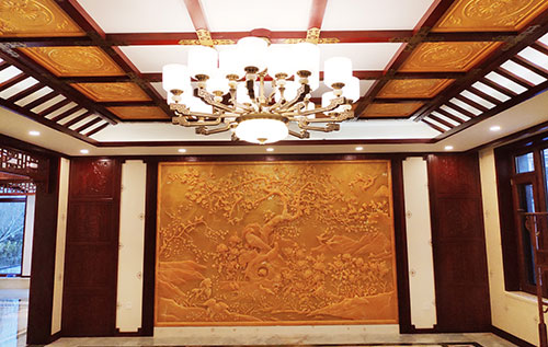 板芙镇中式别墅客厅中式木作横梁吊顶装饰展示